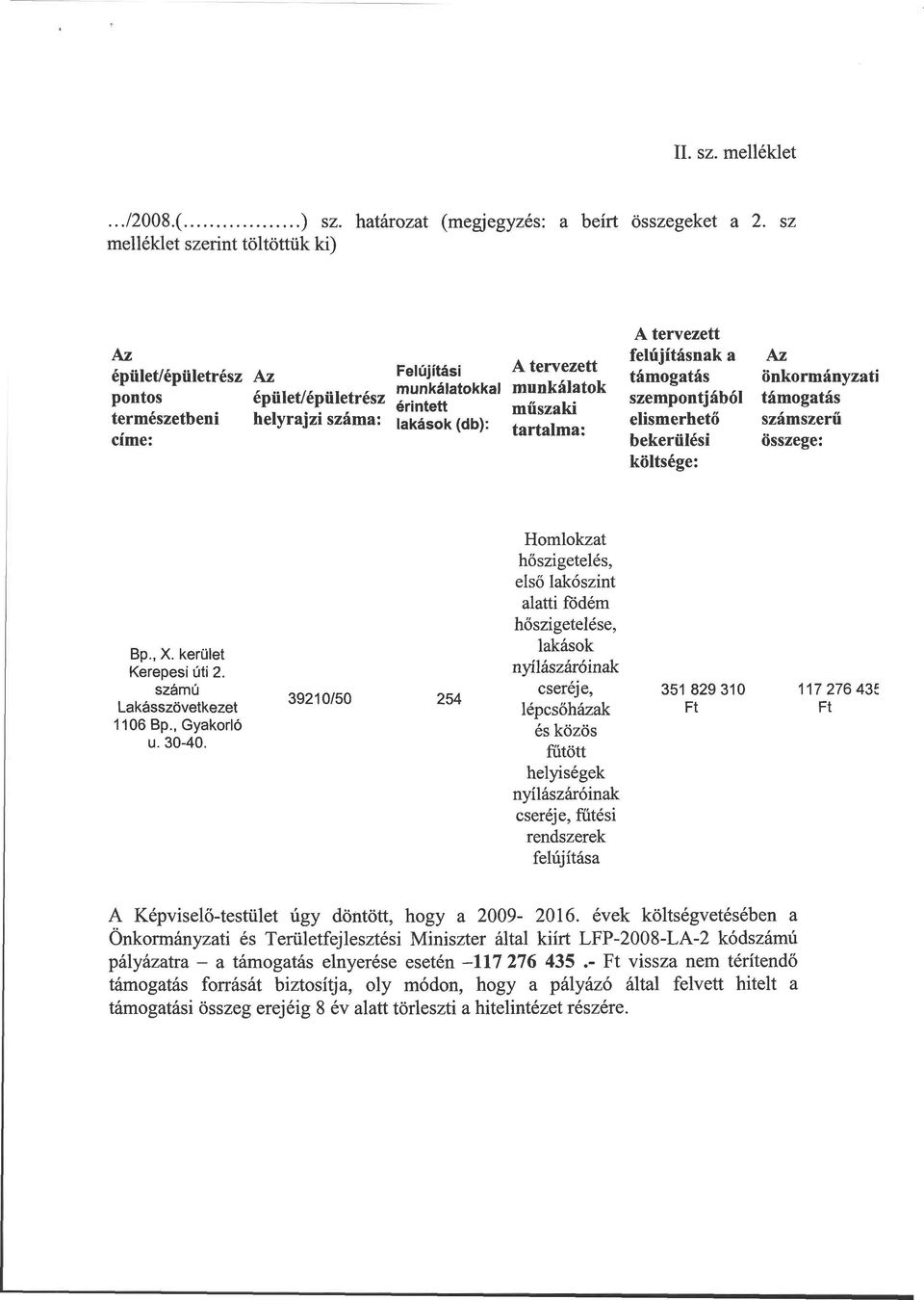 támogatás szempontjából elismerhető bekerülési költsége: önkormányzati támogatás számszerű összege: Bp., X. kerület Kerepesi úti 2. számú Lakásszövetkezet 1106 Bp., Gyakorló u. 30-40.