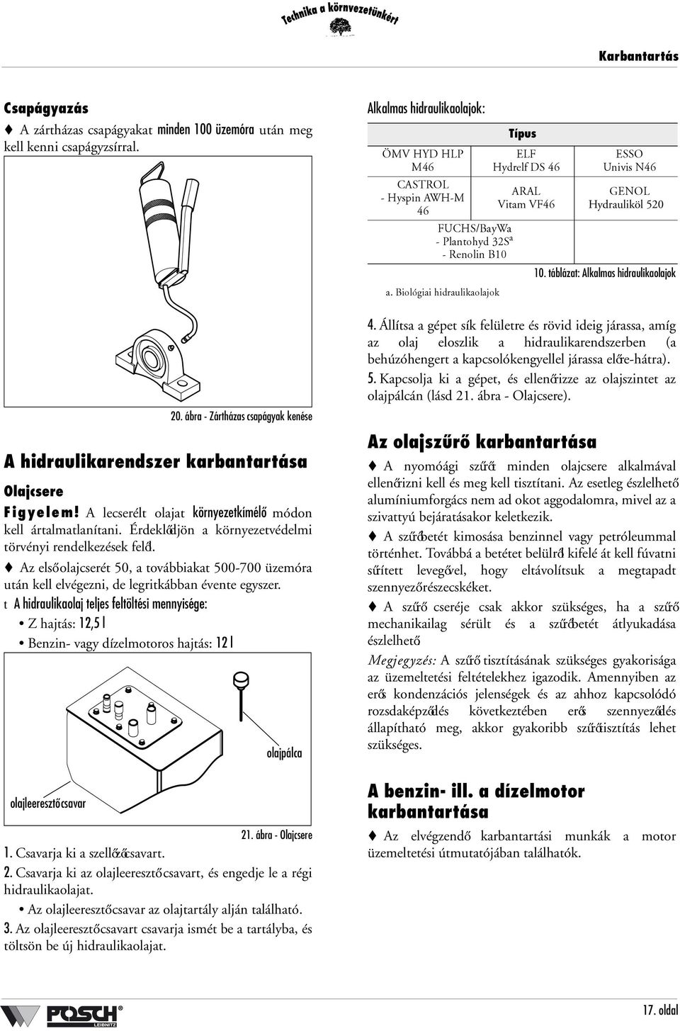 Az első olajcserét 50, a továbbiakat 500-700 üzemóra után kell elvégezni, de legritkábban évente egyszer.