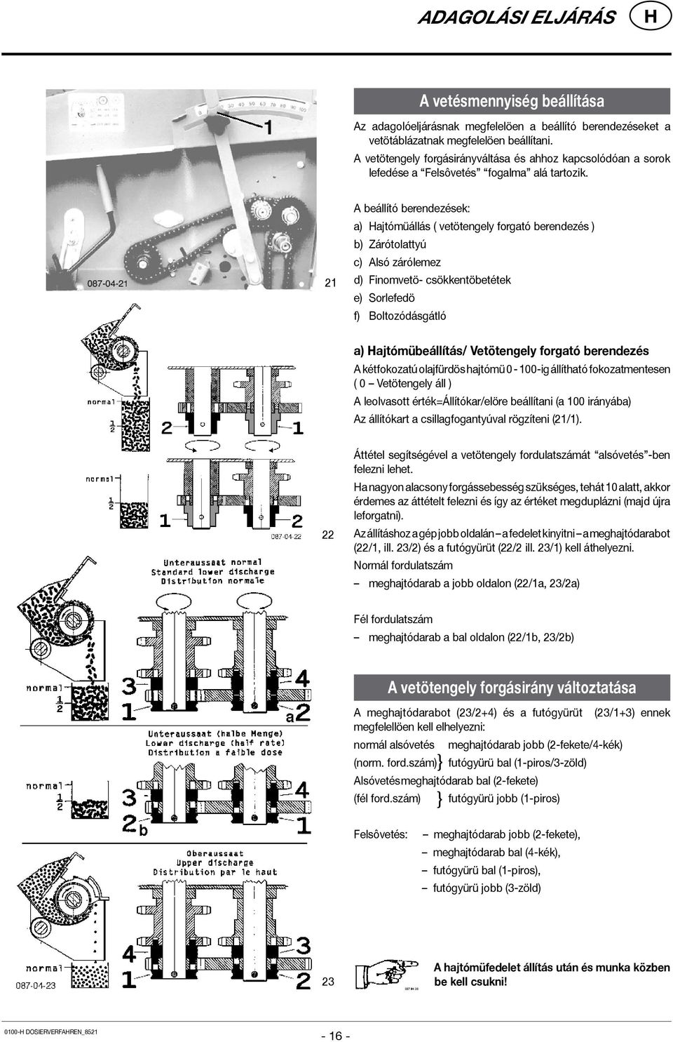 21 A beállító berendezések: a) ajtómüállás ( vetötengely forgató berendezés ) b) Zárótolattyú c) Alsó zárólemez d) Finomvetö- csökkentöbetétek e) Sorlefedö f) Boltozódásgátló a) ajtómübeállítás/