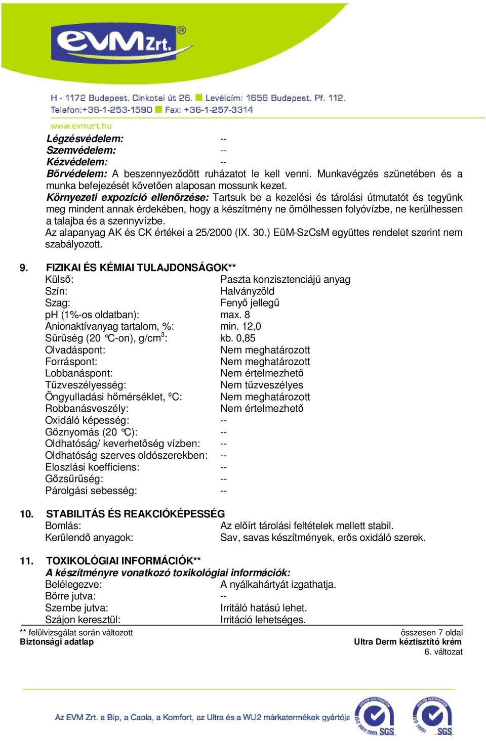 szennyvízbe. Az alapanyag AK és CK értékei a 25/2000 (IX. 30.) EüM-SzCsM együttes rendelet szerint nem szabályozott. 9.