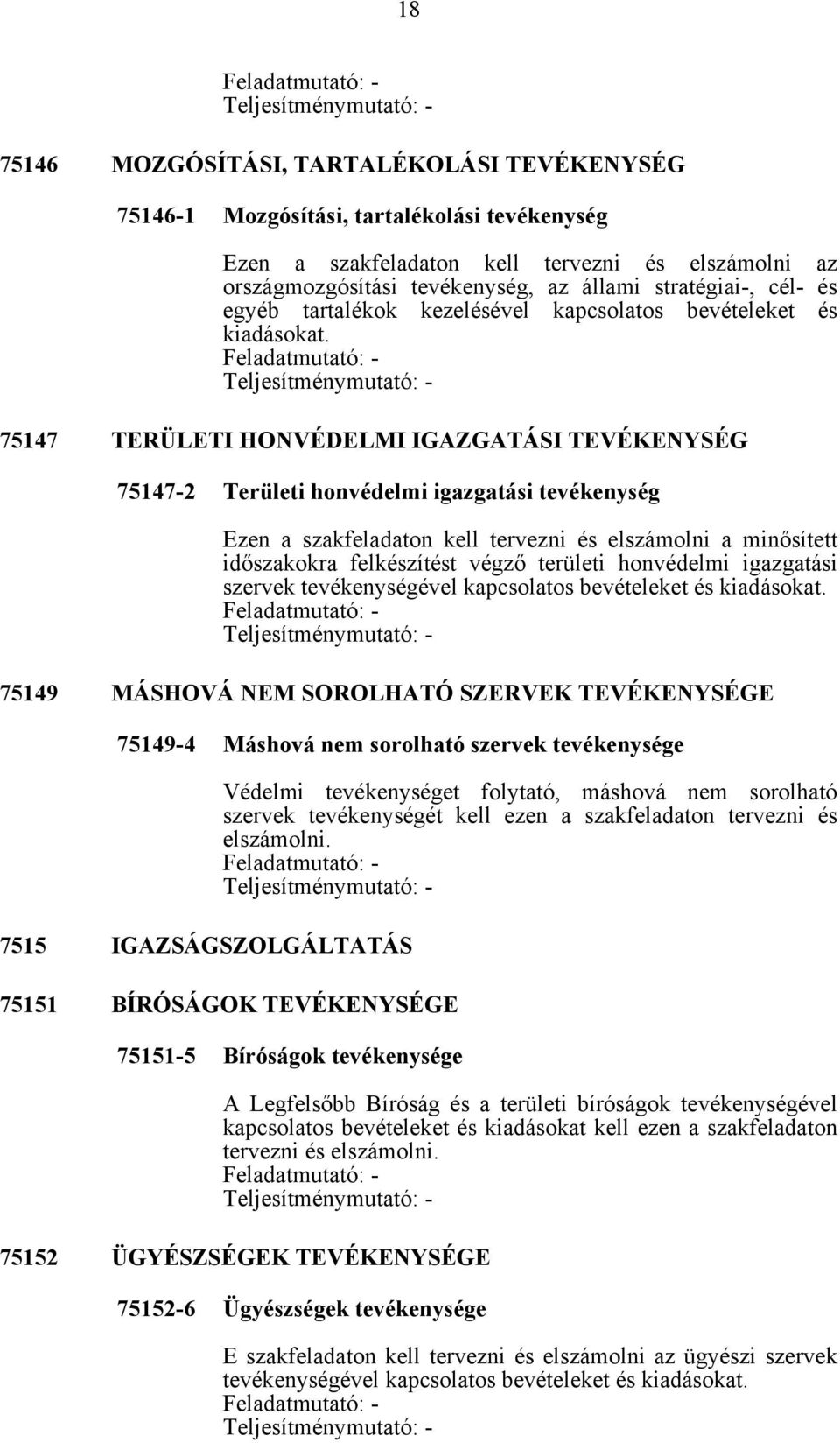 75147 TERÜLETI HONVÉDELMI IGAZGATÁSI TEVÉKENYSÉG 75147-2 Területi honvédelmi igazgatási tevékenység Ezen a szakfeladaton kell tervezni és elszámolni a minősített időszakokra felkészítést végző