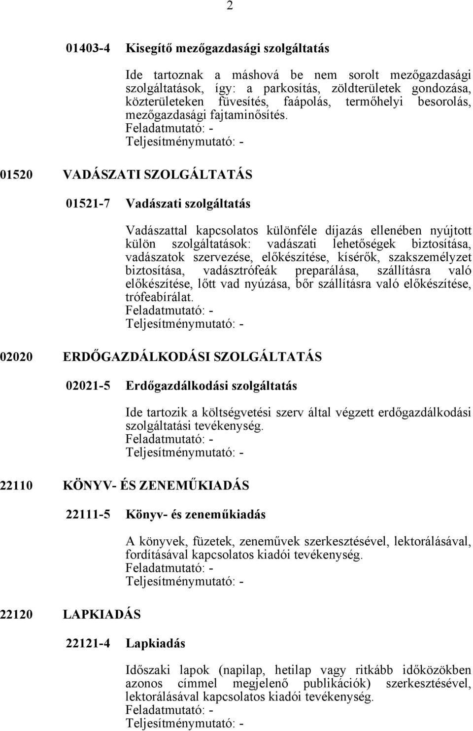01520 VADÁSZATI SZOLGÁLTATÁS 01521-7 Vadászati szolgáltatás Vadászattal kapcsolatos különféle díjazás ellenében nyújtott külön szolgáltatások: vadászati lehetőségek biztosítása, vadászatok