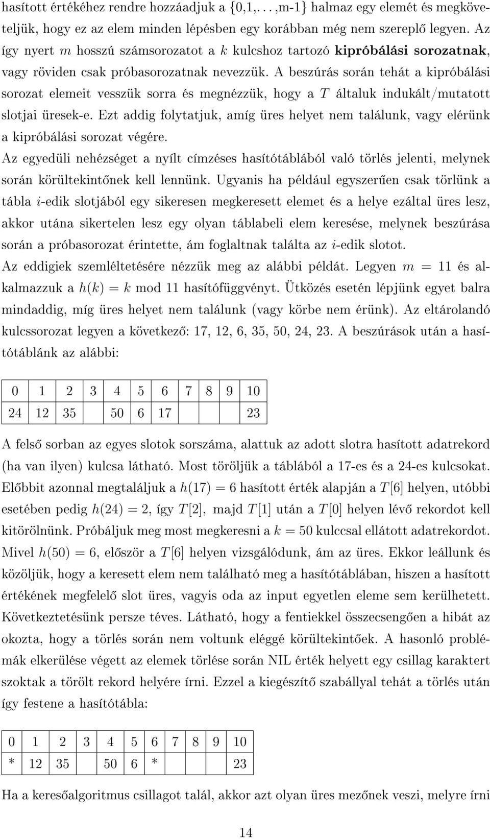 A beszúrás során tehát a kipróbálási sorozat elemeit vesszük sorra és megnézzük, hogy a T általuk indukált/mutatott slotjai üresek-e.