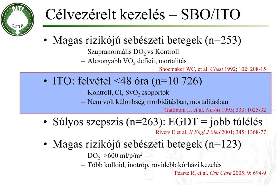 Chest 1992; 102: 208-15 ITO: felvétel <48 óra (n=10 726) Kontroll, CI, SvO 2 csoportok Nem volt különbség morbiditásban, mortalitásban Gattinoni