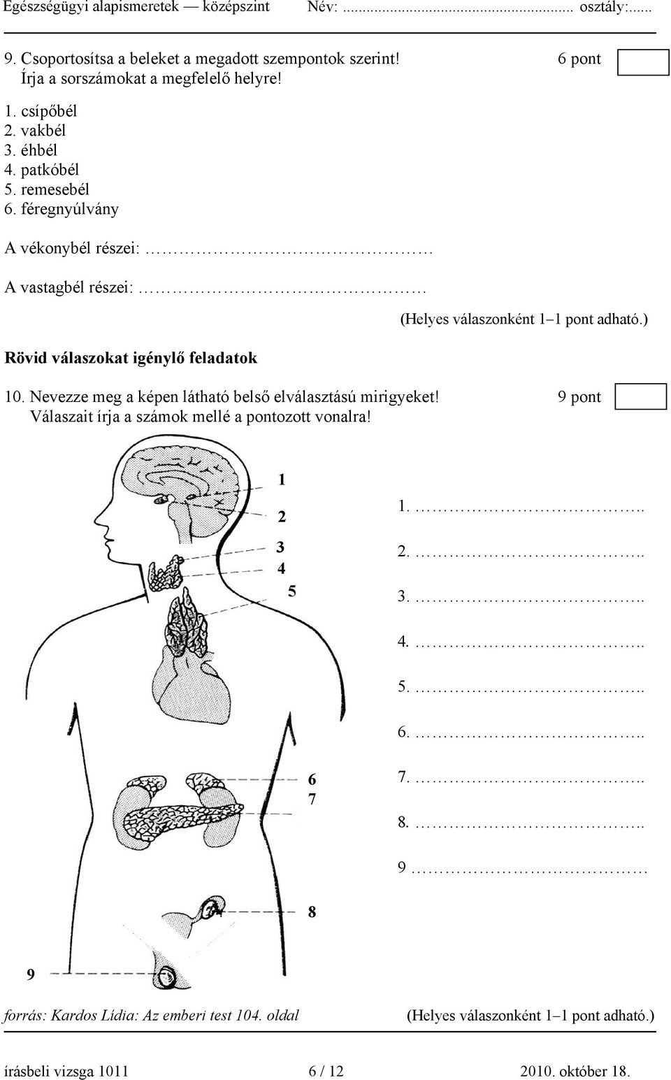 Nevezze meg a képen látható belső elválasztású mirigyeket! 9 pont Válaszait írja a számok mellé a pontozott vonalra! 1 2 3 4 55 1.