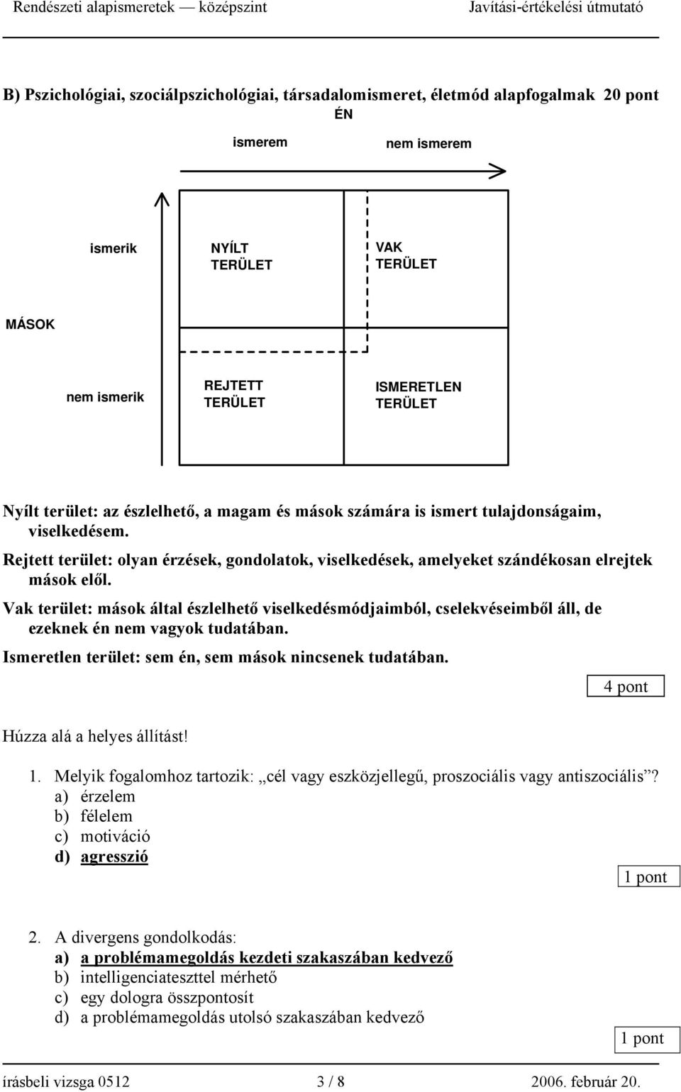 Vak terület: mások által észlelhető viselkedésmódjaimból, cselekvéseimből áll, de ezeknek én nem vagyok tudatában. Ismeretlen terület: sem én, sem mások nincsenek tudatában.