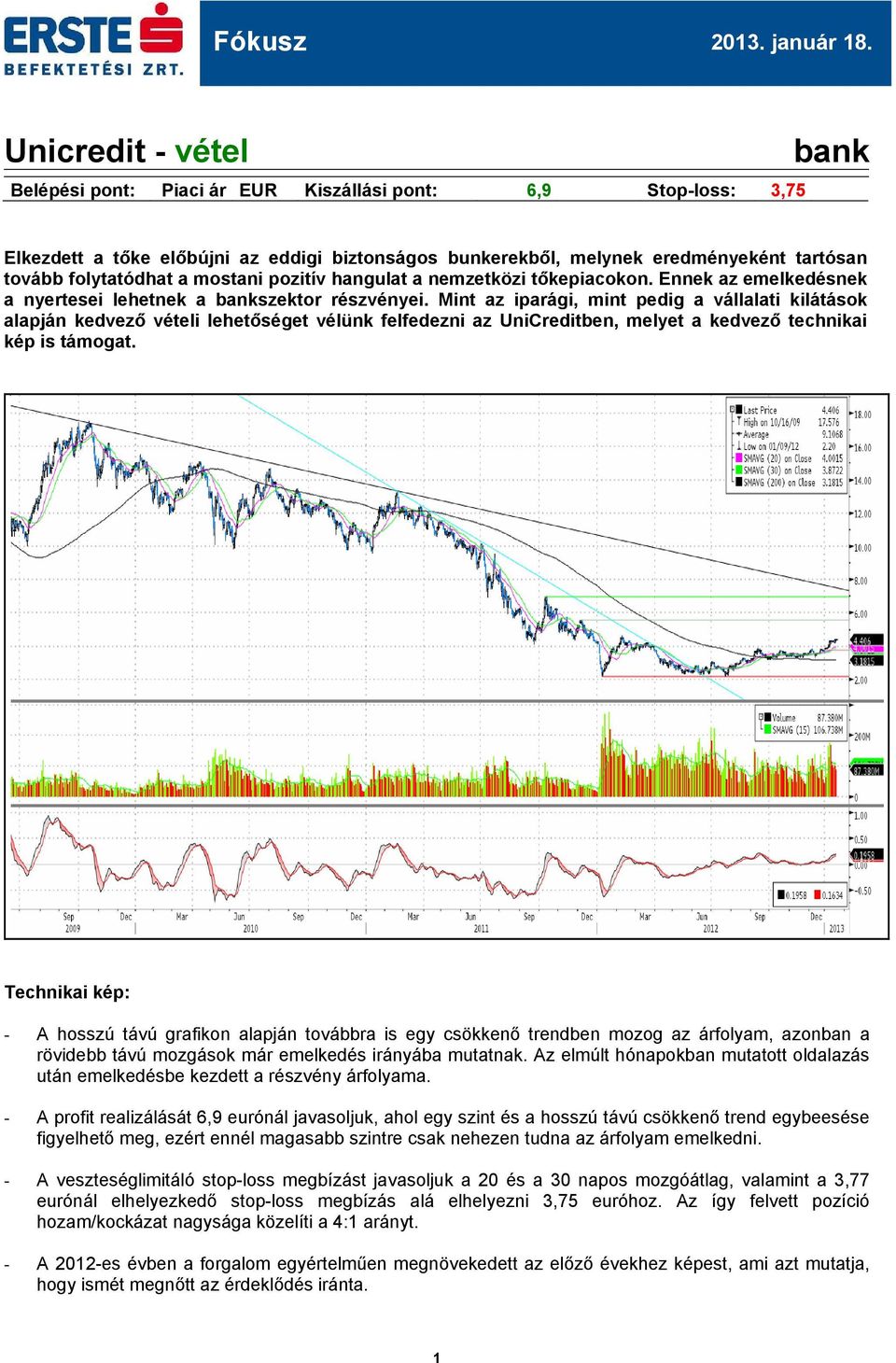 Mint az iparági, mint pedig a vállalati kilátások alapján kedvező vételi lehetőséget vélünk felfedezni az UniCreditben, melyet a kedvező technikai kép is támogat.