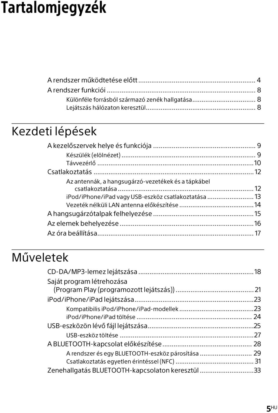 .. 12 ipod/iphone/ipad vagy USB-eszköz csatlakoztatása... 13 Vezeték nélküli LAN antenna előkészítése...14 A hangsugárzótalpak felhelyezése... 15 Az elemek behelyezése...16 Az óra beállítása.