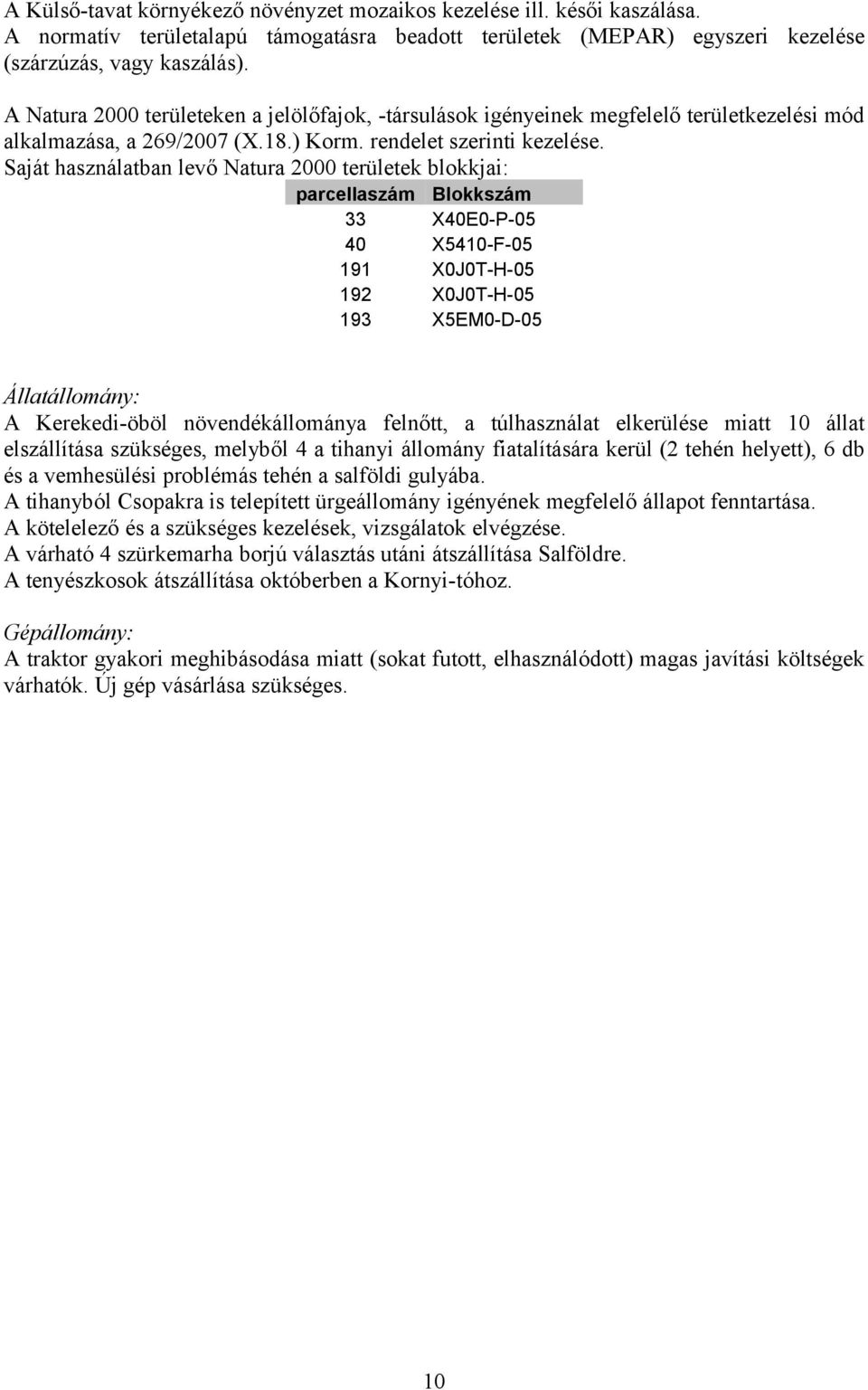 Saját használatban levő Natura 2000 területek blokkjai: parcellaszám Blokkszám 33 X40E0-P-05 40 X5410-F-05 191 X0J0T-H-05 192 X0J0T-H-05 193 X5EM0-D-05 Állatállomány: A Kerekedi-öböl