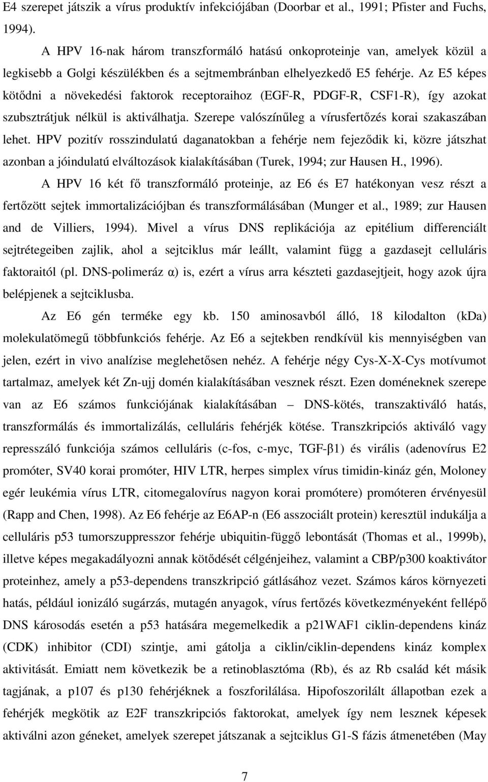 Az E5 képes kötıdni a növekedési faktorok receptoraihoz (EGF-R, PDGF-R, CSF1-R), így azokat szubsztrátjuk nélkül is aktiválhatja. Szerepe valószínőleg a vírusfertızés korai szakaszában lehet.