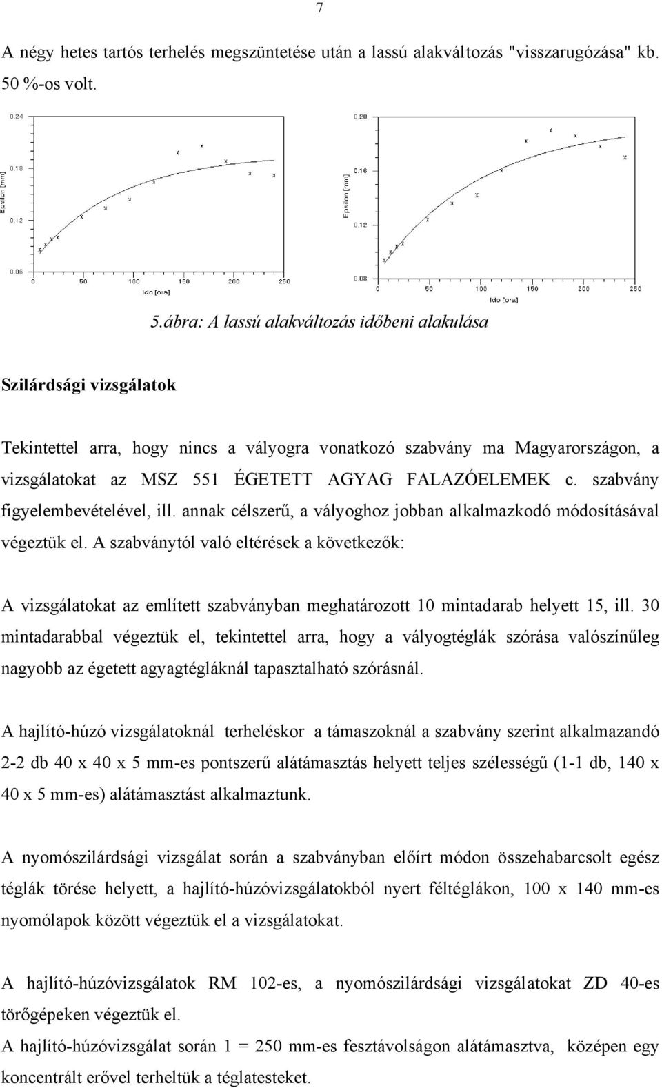 ábra: A lassú alakváltozás időbeni alakulása Szilárdsági vizsgálatok Tekintettel arra, hogy nincs a vályogra vonatkozó szabvány ma Magyarországon, a vizsgálatokat az MSZ 551 ÉGETETT AGYAG