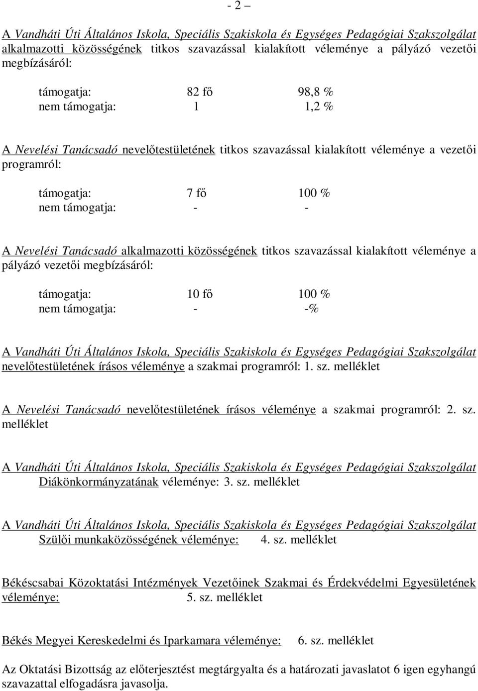 Nevelési Tanácsadó alkalmazotti közösségének titkos szavazással kialakított véleménye a pályázó vezetői megbízásáról: támogatja: 10 fő 100 % nem támogatja: - -% A Vandháti Úti Általános Iskola,