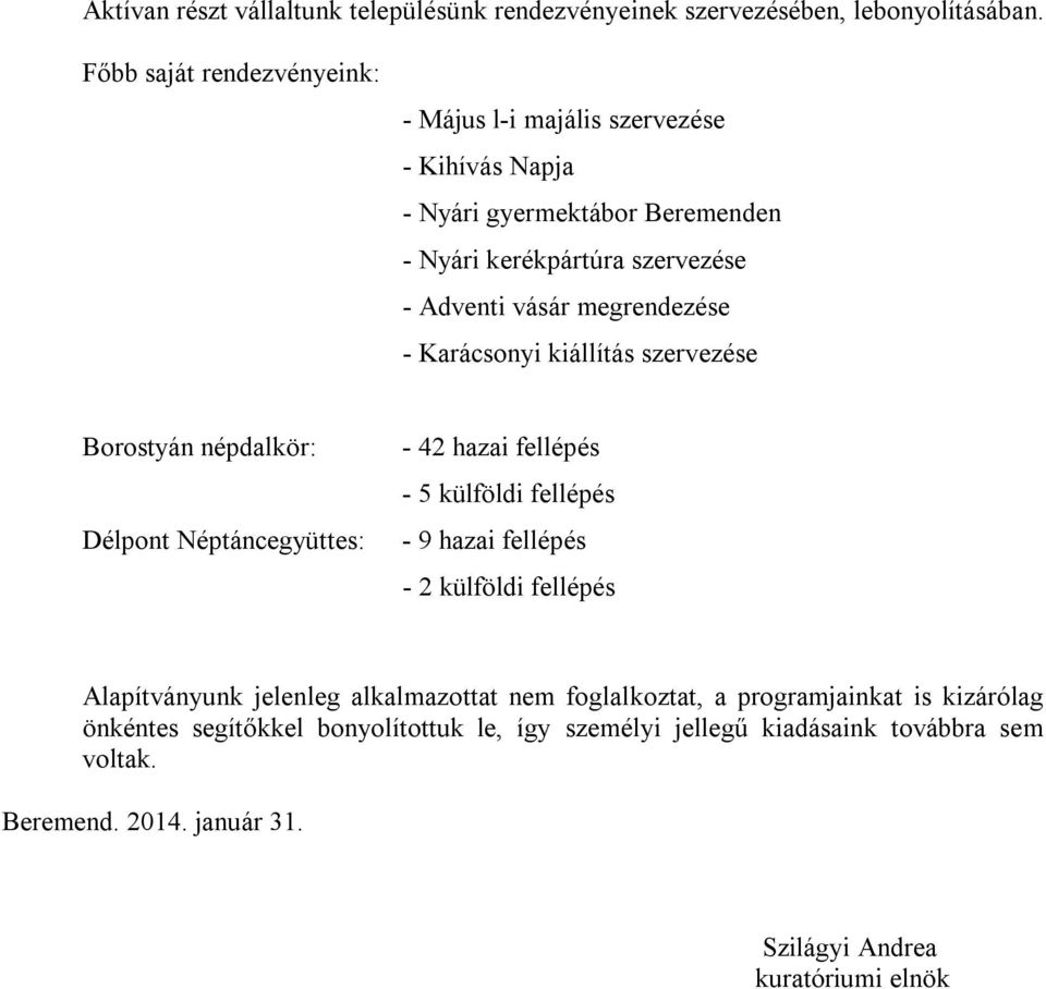 megrendezése - Karácsonyi kiállítás szervezése Borostyán népdalkör: Délpont Néptáncegyüttes: - 42 hazai fellépés - 5 külföldi fellépés - 9 hazai fellépés - 2