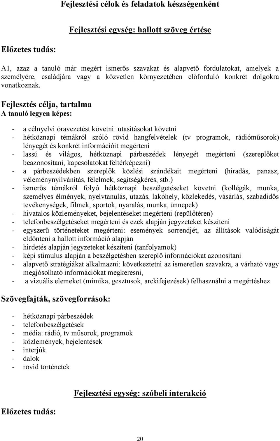 Fejlesztés célja, tartalma A tanuló legyen képes: - a célnyelvi óravezetést követni: utasításokat követni - hétköznapi témákról szóló rövid hangfelvételek (tv programok, rádióműsorok) lényegét és