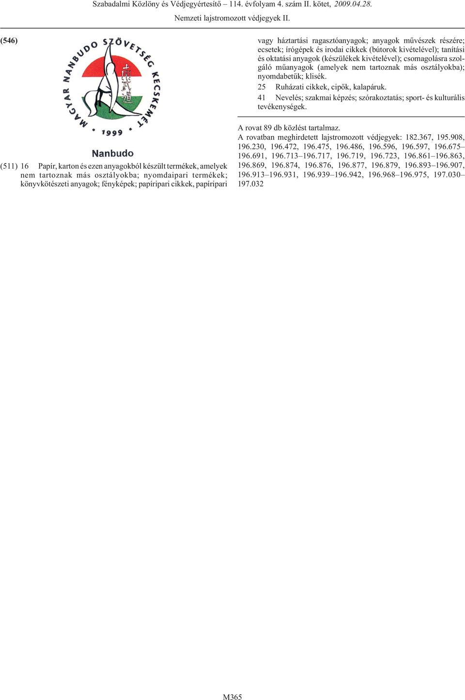 25 Ruházati cikkek, cipõk, kalapáruk. A rovat 89 db közlést tartalmaz. A rovatban meghirdetett lajstromozott védjegyek: 182.367, 195.908, 196.230, 196.472, 196.475, 196.486, 196.