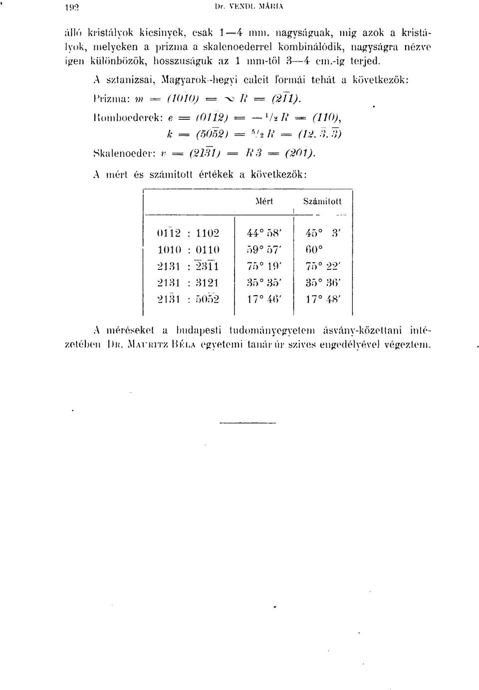 A sztanizsai, Magyarok-hegyi calcit formái tehát a következők: Prizma: m = (1010) = oo 7? = (211). Romboederek: e = (0112) = '/s R = (110), k = (5052) = 5 /a R = (12.