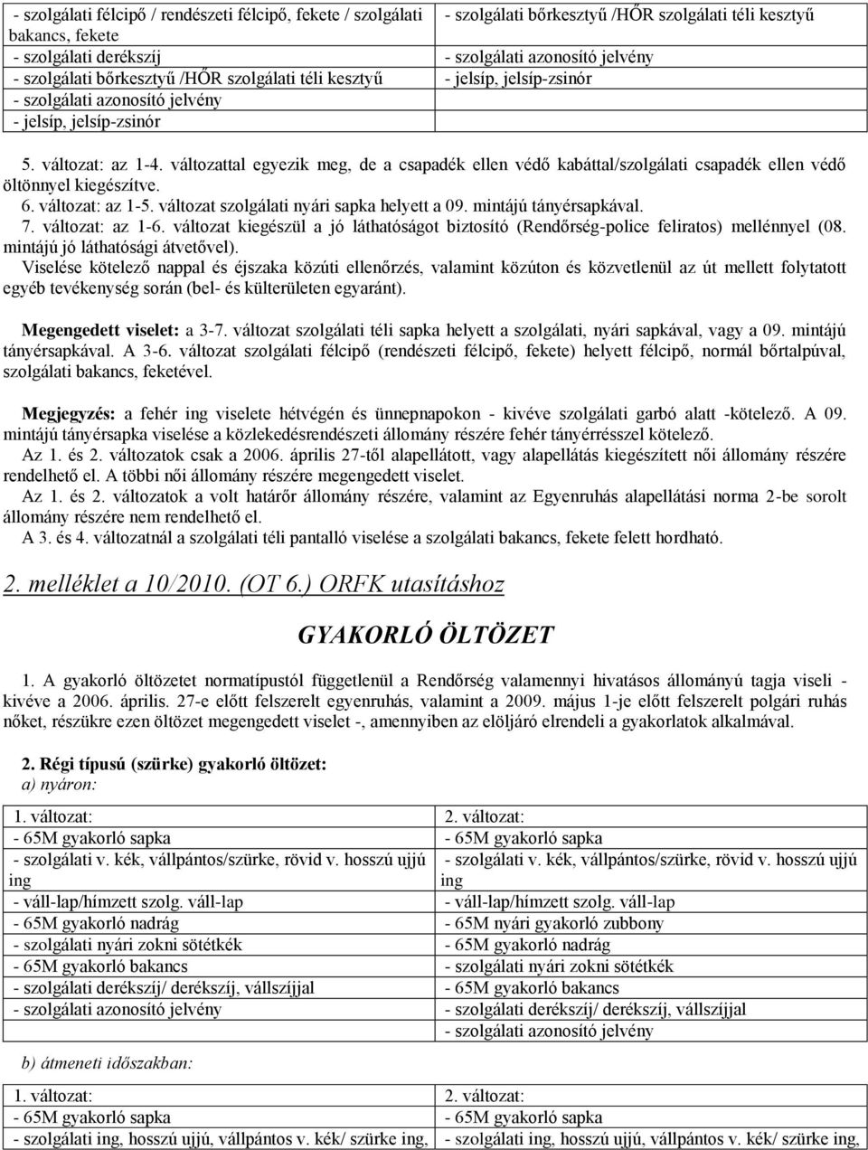 változat: az 1-5. változat szolgálati nyári sapka helyett a 09. mintájú tányérsapkával. 7. változat: az 1-6. változat kiegészül a jó láthatóságot biztosító (Rendőrség-police feliratos) mellénnyel (08.