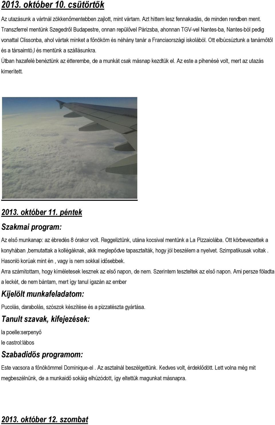 iskolából. Ott elbúcsúztunk a tanárnőtől és a társaimtó,l és mentünk a szállásunkra. Útban hazafelé benéztünk az étterembe, de a munkát csak másnap kezdtük el.