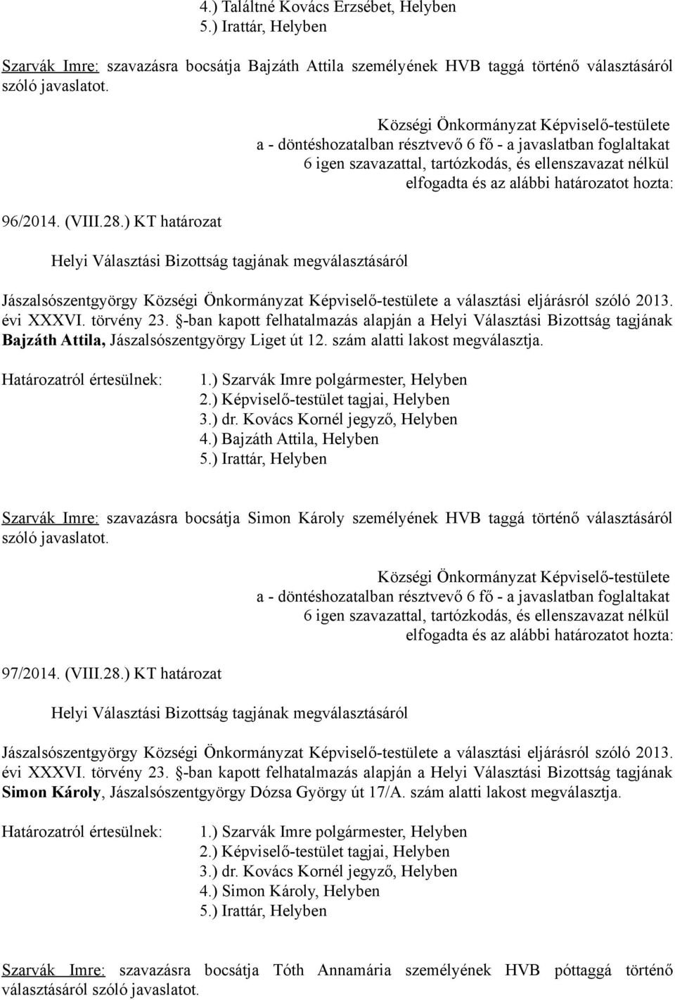 -ban kapott felhatalmazás alapján a Helyi Választási Bizottság tagjának Bajzáth Attila, Jászalsószentgyörgy Liget út 12. szám alatti lakost megválasztja. 4.) Bajzáth Attila, Helyben 5.