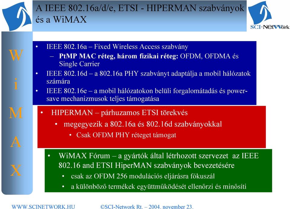 16e a mobl hálózatokon belül forgalomátadás és powersave mechanzmusok teljes támogatása HIPERN párhuzamos ETSI törekvés megegyezk a 802.16a és 802.