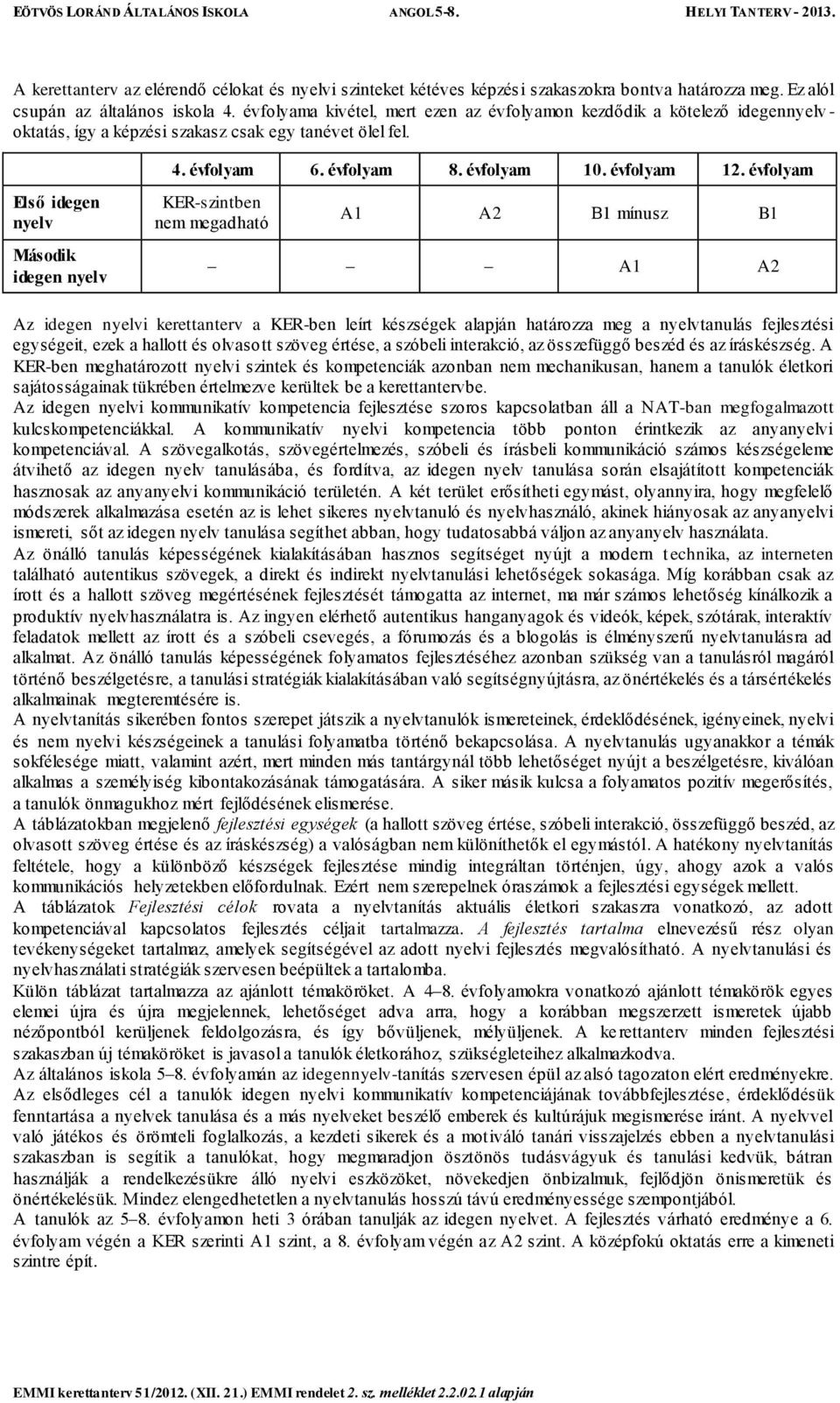 évfolyam Első idegen nyelv Második idegen nyelv KER-szintben nem megadható A1 A2 B1 mínusz B1 A1 A2 Az idegen nyelvi kerettanterv a KER-ben leírt készségek alapján határozza meg a nyelvtanulás