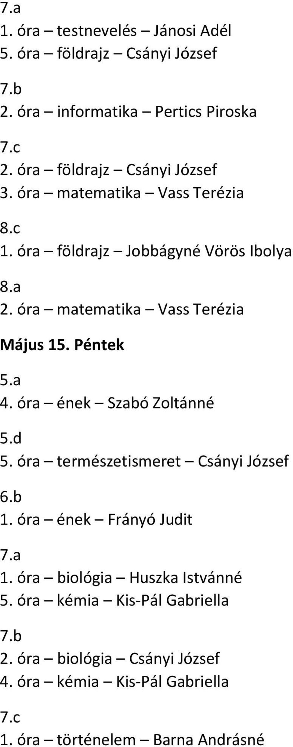 Péntek 4. óra ének Szabó Zoltánné 5. óra természetismeret Csányi József 1. óra ének Frányó Judit 1.