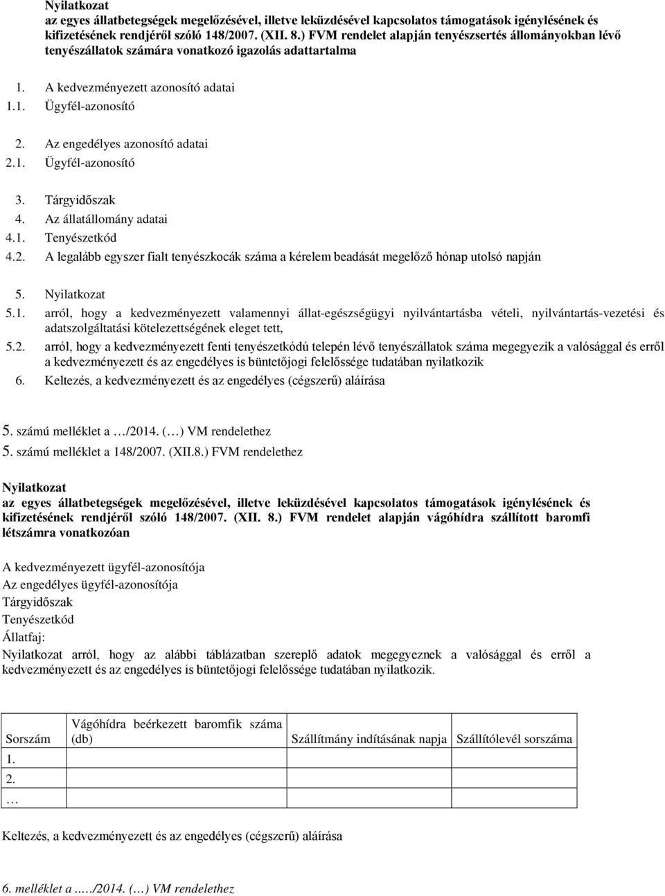 Az engedélyes azonosító adatai 2.1. Ügyfél-azonosító 3. Tárgyidőszak 4. Az állatállomány adatai 4.1. Tenyészetkód 4.2. A legalább egyszer fialt tenyészkocák száma a kérelem beadását megelőző hónap utolsó napján 5.