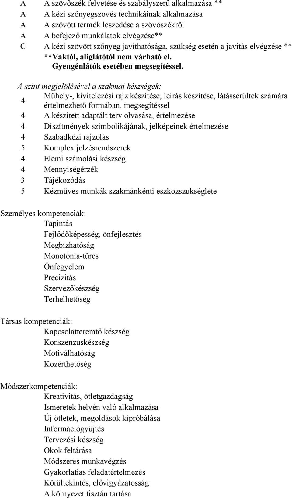 A szint megjelölésével a szakmai készségek: Műhely-, kivitelezési rajz készítése, leírás készítése, látássérültek számára 4 értelmezhető formában, megsegítéssel 4 A készített adaptált terv olvasása,