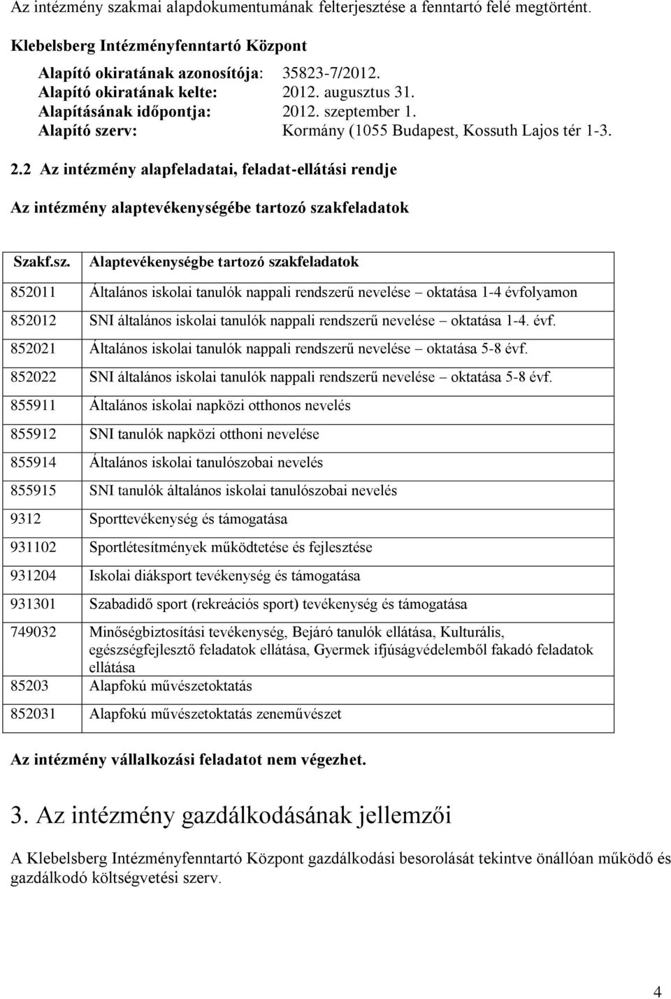 sz. Alaptevékenységbe tartozó szakfeladatok 852011 Általános iskolai tanulók nappali rendszerű nevelése oktatása 1-4 évfolyamon 852012 SNI általános iskolai tanulók nappali rendszerű nevelése