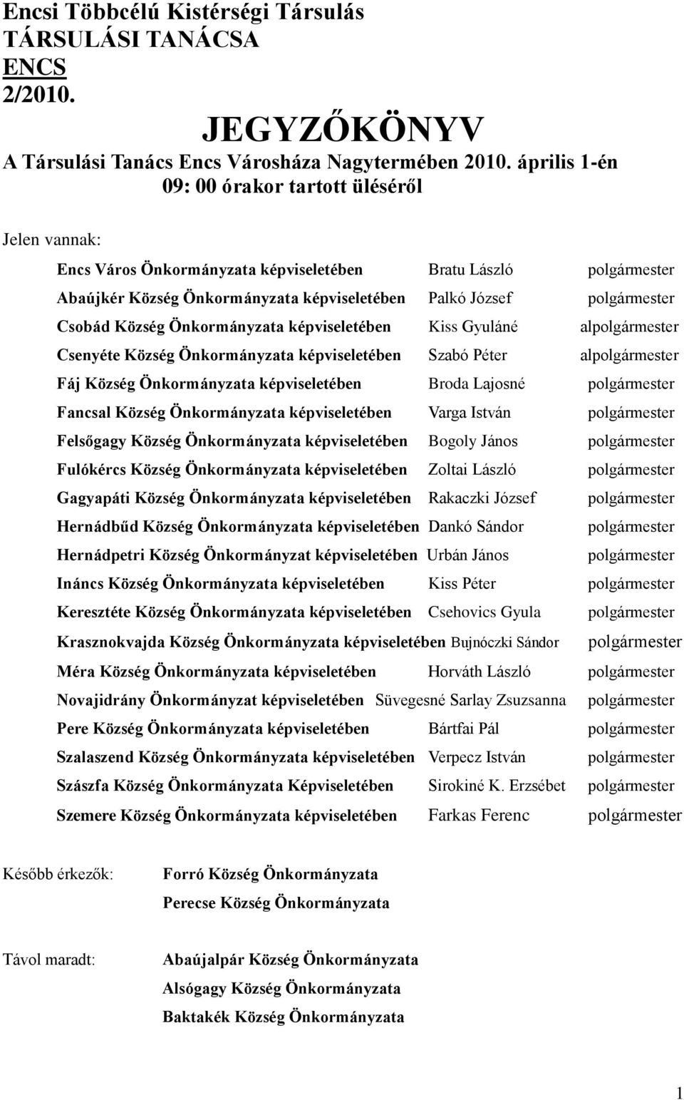Csobád Község Önkormányzata képviseletében Kiss Gyuláné alpolgármester Csenyéte Község Önkormányzata képviseletében Szabó Péter alpolgármester Fáj Község Önkormányzata képviseletében Broda Lajosné