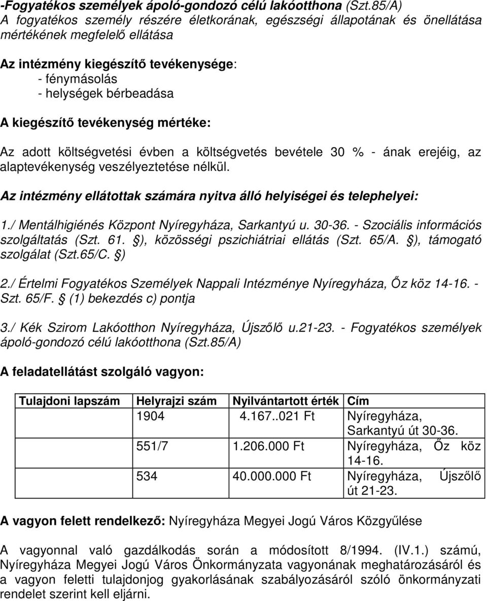 kiegészítő tevékenység mértéke: Az adott költségvetési évben a költségvetés bevétele 30 % - ának erejéig, az alaptevékenység veszélyeztetése nélkül.