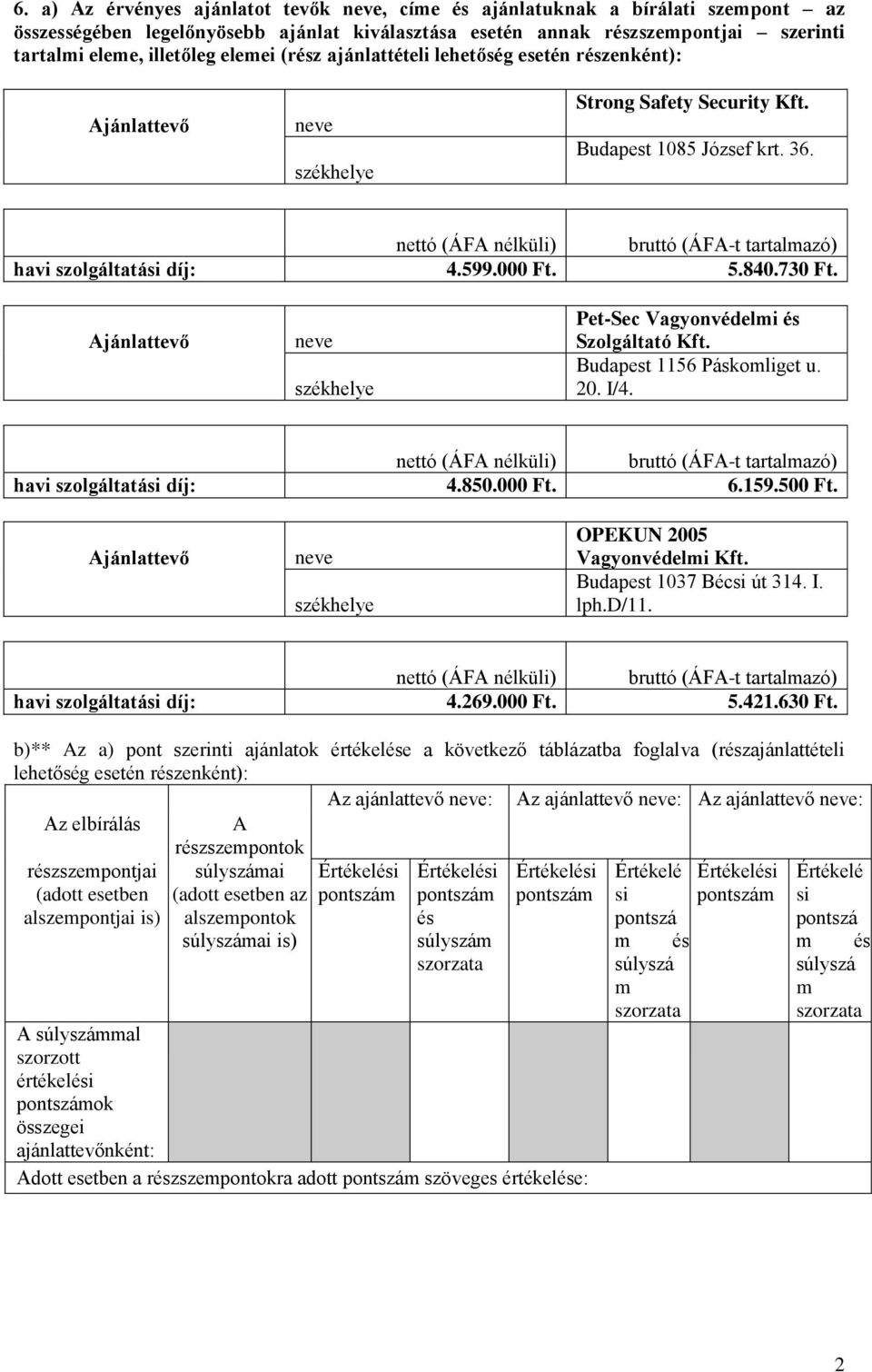Budapest 1156 Páskoliget u. 20. I/4. havi szolgáltatási díj: 4.850.000 Ft. 6.159.500 Ft. OPEKUN 2005 Vagyonvédeli Kft. Budapest 1037 Bécsi út 314. I. lph.d/11. havi szolgáltatási díj: 4.269.000 Ft. 5.