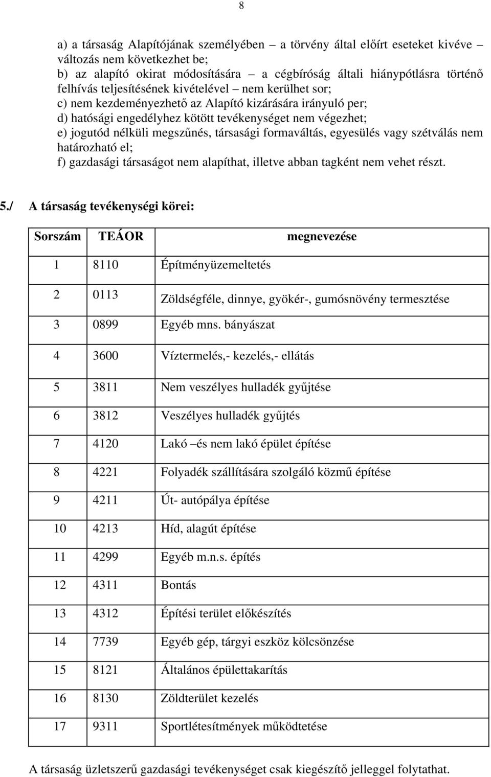 társasági formaváltás, egyesülés vagy szétválás nem határozható el; f) gazdasági társaságot nem alapíthat, illetve abban tagként nem vehet részt. 5.