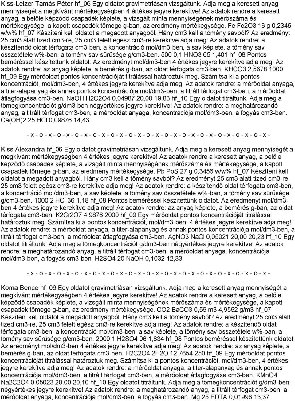 Az eredményt mol/dm3-ben 4 értékes jegyre kerekítve adja meg! Az adatok rendre: az anyag képlete, a bemérés g-ban, az oldat térfogata cm3-ben.