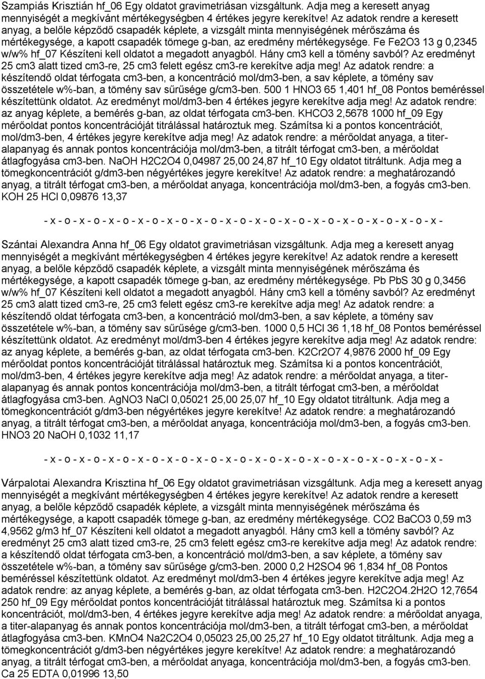 KHCO3 2,5678 1000 hf_09 Egy átlagfogyása cm3-ben. NaOH H2C2O4 0,04987 25,00 24,87 hf_10 Egy oldatot titráltunk.