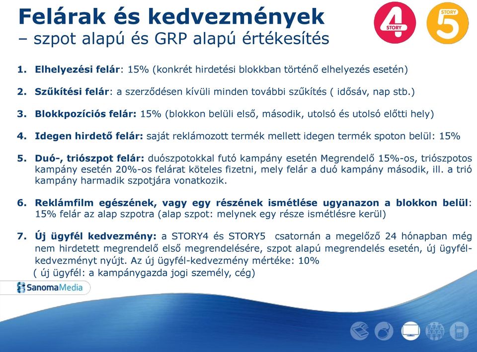 Idegen hirdető felár: saját reklámozott termék mellett idegen termék spoton belül: 15% 5.