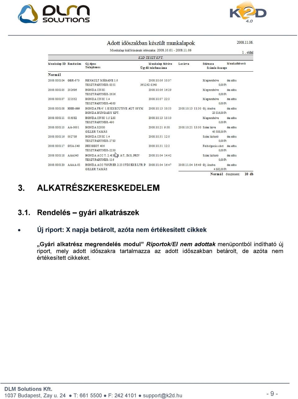 értékesített cikkek Gyári alkatrész megrendelés modul Riportok/El nem adottak