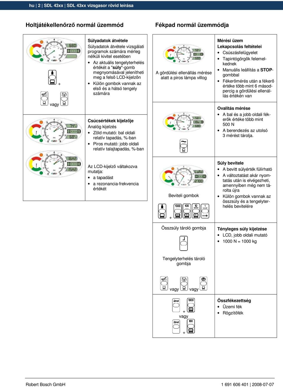 Mérési üzem Lekapcsolás feltételei Csúszásfelügyelet Tapintógörgık felemelkednek Manuális leállítás a STOPgombbal Fékerımérés után a fékerı értéke több mint 6 másodpercig a gördülési ellenállás