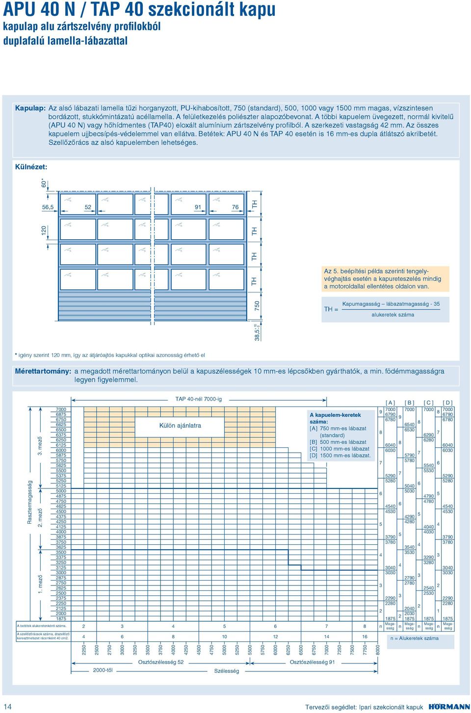 A többi kapuelem üvegezett, normál kivitelű (APU 0 N) vagy hőhídmentes (TAP0) eloxált alumínium zártszelvény profilból. A szerkezeti vastagság mm.