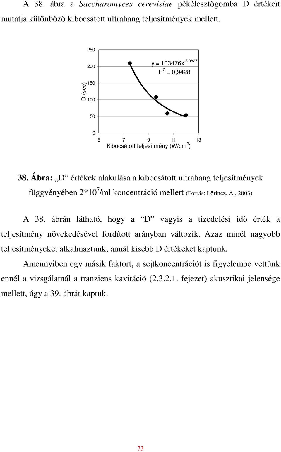 Ábra: D értékek alakulása a kibocsátott ultrahang teljesítmények függvényében 2*10 7 /ml koncentráció mellett (Forrás: Lırincz, A., 2003) A 38.