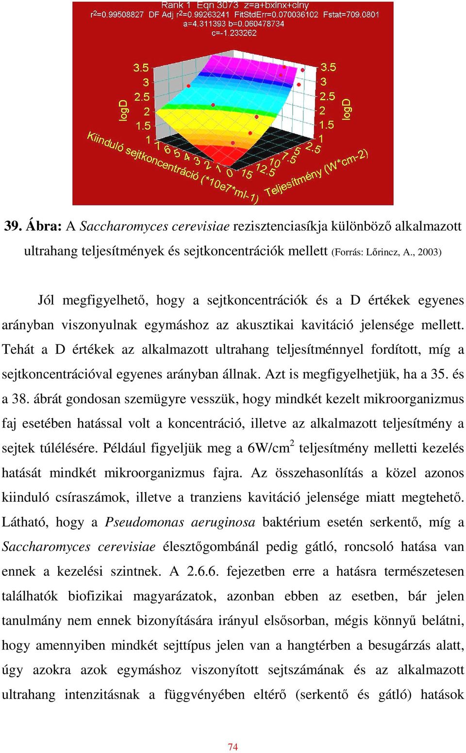 Tehát a D értékek az alkalmazott ultrahang teljesítménnyel fordított, míg a sejtkoncentrációval egyenes arányban állnak. Azt is megfigyelhetjük, ha a 35. és a 38.