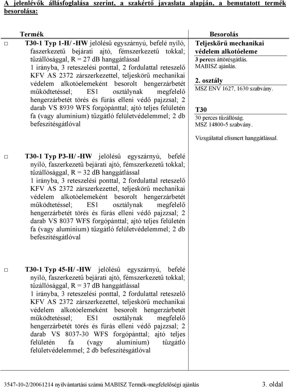 Teljeskörű mechanikai védelem alkotóeleme 3 perces áttörésgátlás. MABISZ ajánlás. 2. osztály MSZ ENV 1627, 1630 szabvány. T30 30 perces tűzállóság. MSZ 14800-5 szabvány.