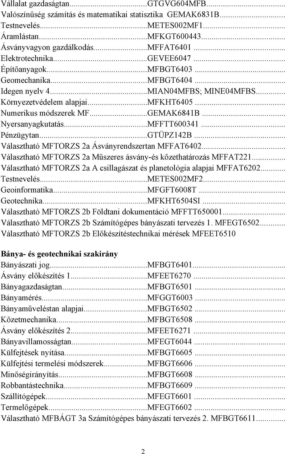 ..GEMAK6841B... Nyersanyagkutatás...MFFTT600341... Pénzügytan...GTÜPZ142B... Választható MFTORZS 2a Ásványrendszertan MFFAT6402... Választható MFTORZS 2a Műszeres ásvány-és kőzethatározás MFFAT221.