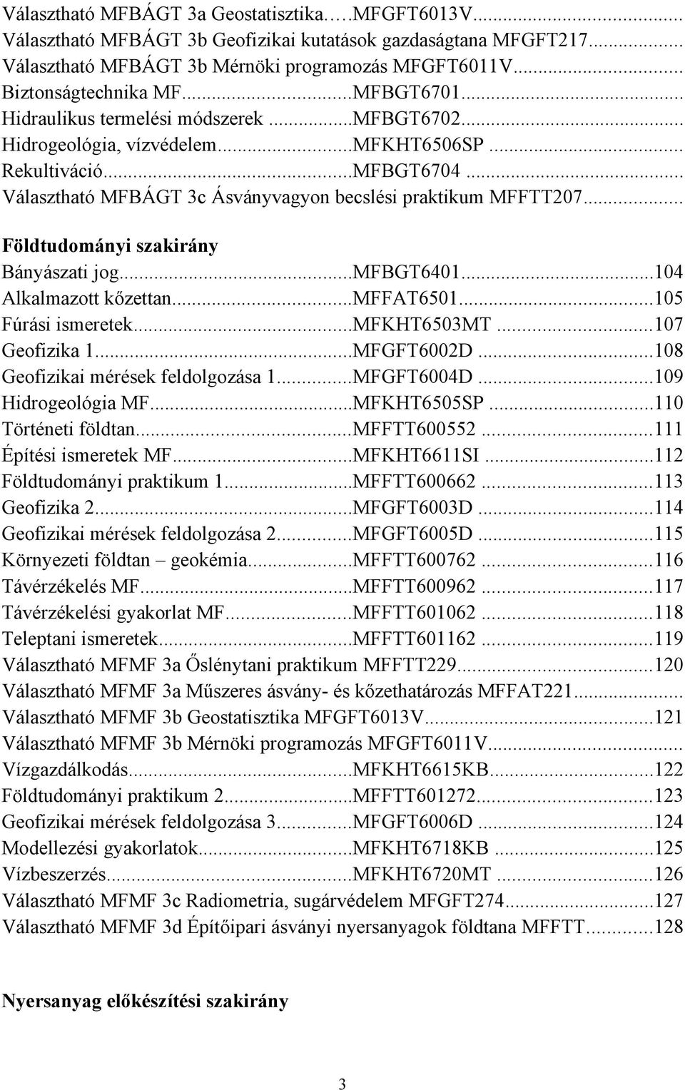 .. Földtudományi szakirány Bányászati jog...mfbgt6401...104 Alkalmazott kőzettan...mffat6501...105 Fúrási ismeretek...mfkht6503mt...107 Geofizika 1...MFGFT6002D...108 Geofizikai mérések feldolgozása 1.