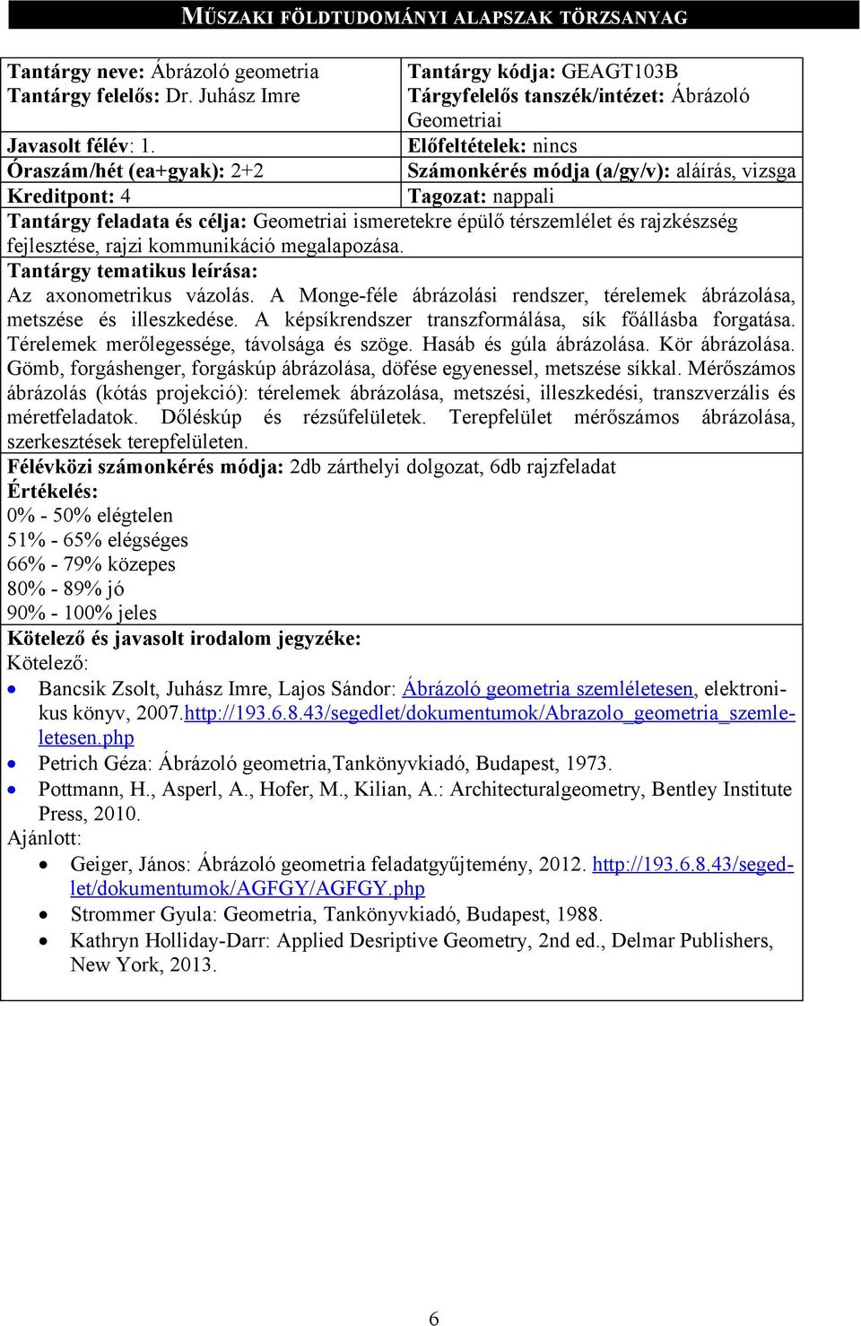 Javasolt félév: 1. Óraszám/hét (ea+gyak): 2+2 Kreditpont: 4 Geometriai ismeretekre épülő térszemlélet és rajzkészség fejlesztése, rajzi kommunikáció megalapozása. Az axonometrikus vázolás.