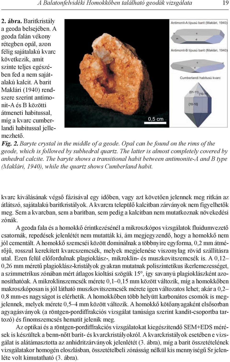 A barit Maklári (1940) rendszere szerint antimonit-a és B közötti átmeneti habitussal, míg a kvarc cumberlandi habitussal jellemezhető. Fig. 2. Baryte crystal in the middle of a geode.