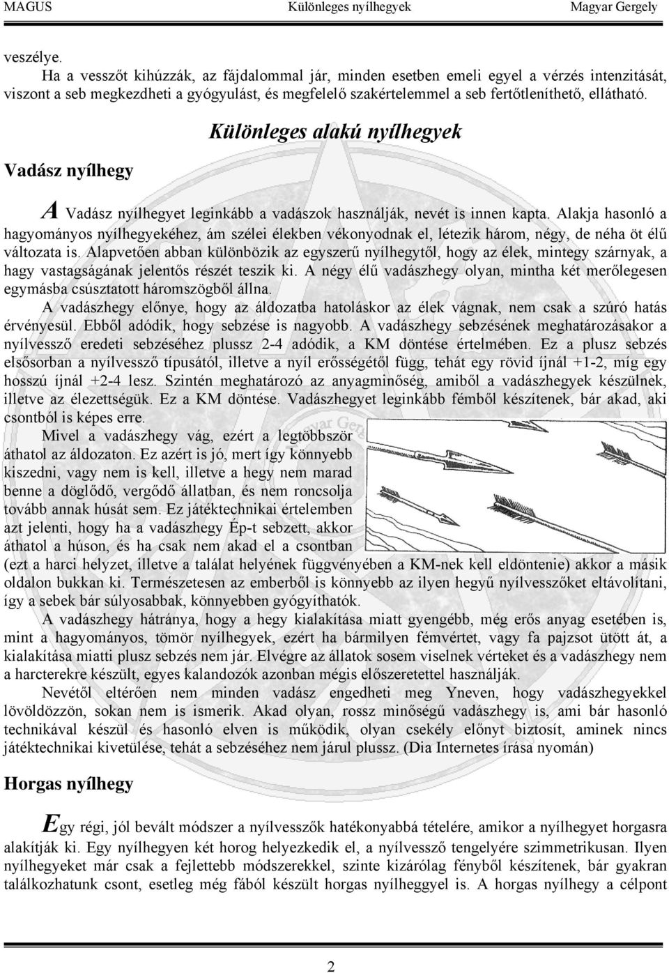 Vadász nyílhegy Horgas nyílhegy Különleges alakú nyílhegyek A Vadász nyílhegyet leginkább a vadászok használják, nevét is innen kapta.