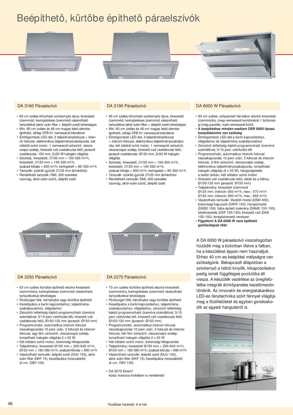 60 cm széles és 46 cm magas felsô elembe építhetô, elôlap DFB 61 nemesacél blendével Érintôgombok LED-del, 3 teljesítményfokozat + intenzív fokozat, elektronikus teljesítményszabályozás, két oldalról