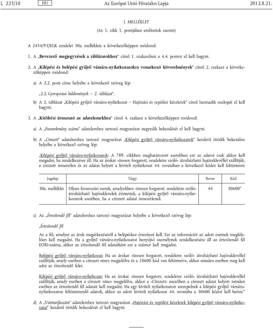 szakasz a követke zőképpen módosul: a) A 2.2. pont címe helyébe a következő szöveg lép: 2.2. Gyorspostai küldemények 2. táblázat. b) A 2.