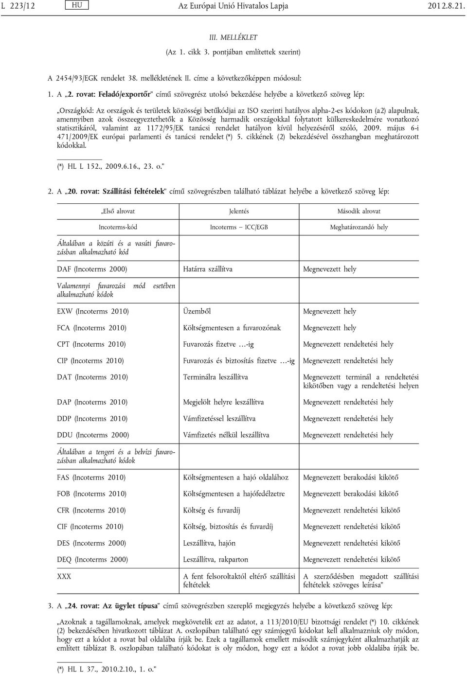 rovat: Feladó/exportőr című szövegrész utolsó bekezdése helyébe a következő szöveg lép: Országkód: Az országok és területek közösségi betűkódjai az ISO szerinti hatályos alpha-2-es kódokon (a2)